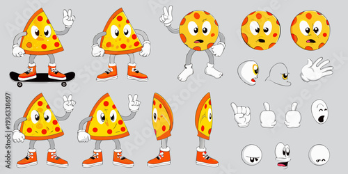 Cartoon pizza slices with various expressions and poses displayed on gray