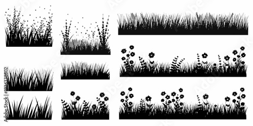 Black and white illustration of various grasses wildflowers and foliage