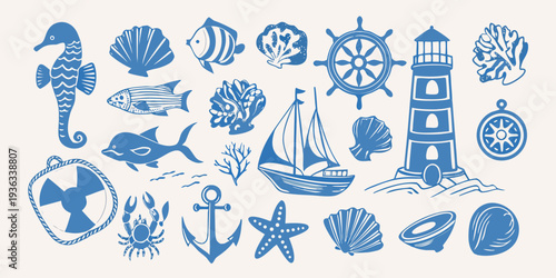 Stylized nautical illustrations featuring sea creatures shells and maritime objects