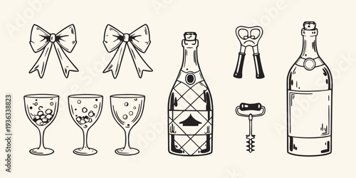 Celebratory sketches bows champagne glassware and party accessories