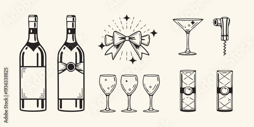 Celebratory drinkware and bottles with festive bow illustration
