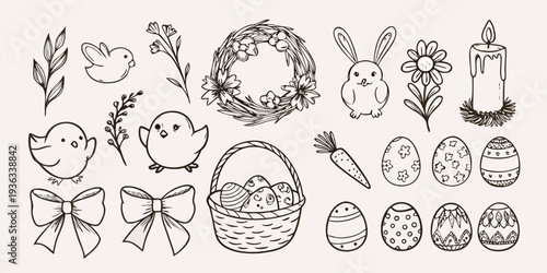 Hand drawn easter elements including bunnies chicks and decorated eggs
