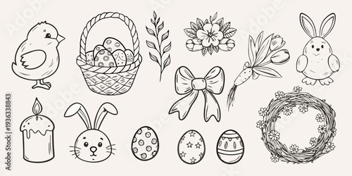Easter themed doodle illustrations including a chick bunny and decorated eggs