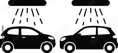 Two cars parked under a rain shower with umbrellas above them isolated on white background, Vector, illustration