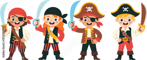 Cute cartoon pirate kids set with eye patch swords and hats children adventure characters vector illustration isolated on white background
