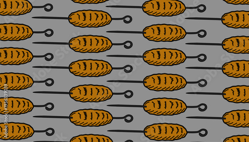 Kofta Kebab Pattern. Seamless Grill Skewer. Middleeastern Meat Illustration. Handdrawn Food Doodle. Repeating Culinary Background. Restaurant Menu Design. Streetfood Vector Texture. Barbecue Cuisine P