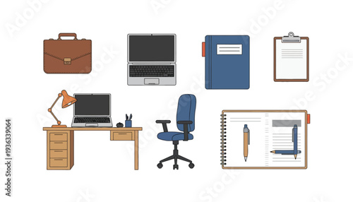Office workspace with laptop computer and office supplies illustration