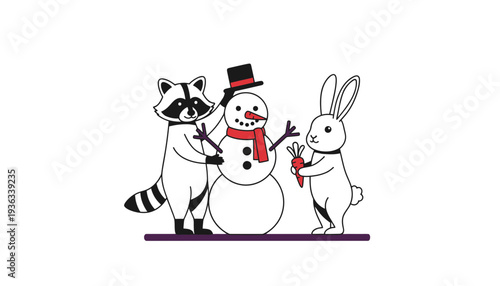 A raccoon and rabbit building a snowman together in winter