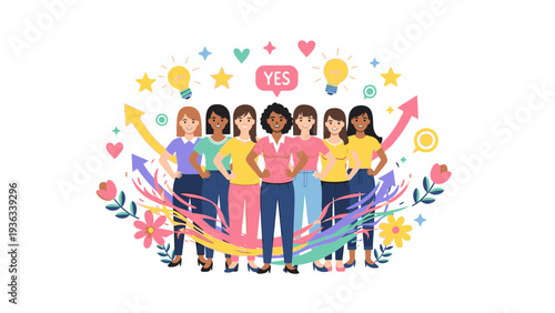 Illustration of a diverse group of people standing together surrounded by colorful flowers, stars, and arrows on a white background with a joyful mood.