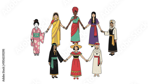 Illustration of diverse women in traditional clothing holding hands in a circle on a white background with a symbol of unity and solidarity.