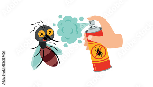 Insecticide spray killing a cartoon fly with a hand holding can