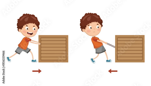 Boy pushing and pulling a wooden crate with a happy expression