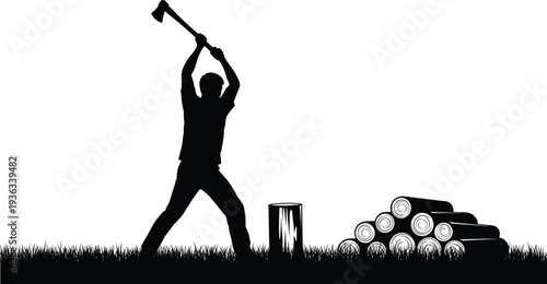 Woodcutting silhouette illustration, man chopping wood, axe raised log stump, stacked firewood pile, outdoor labor artwork, traditional manual work design