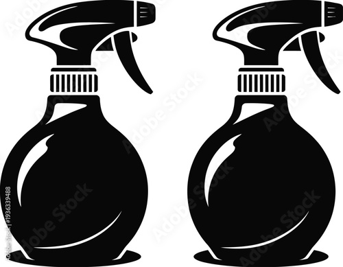 Two identical spray bottles with black caps and triggers on a white background isolated on white background, Vector, illustration
