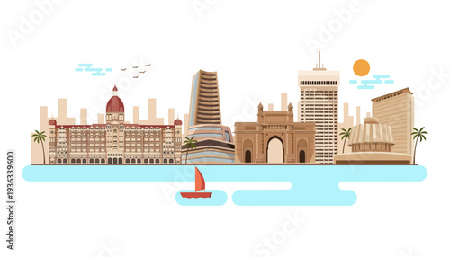 Mumbai cityscape illustration with iconic buildings and waterfront