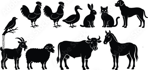 Black Animal Silhouette Vector Set Featuring Horse Cow Pig Dog Cat Sheep Goat Rabbit Rooster Duck Bird Elephant Lion and Deer for Wildlife Farm Nature Design