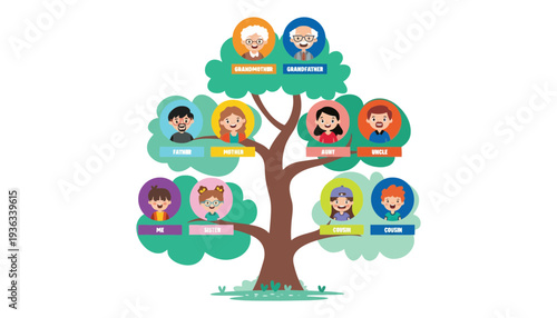 Family tree illustration with cartoon characters and colorful leaves