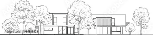 A black and white line of a modern house with large windows surrounded by trees and outdoor furniture