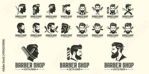Vintage barber shop logo set with stylish bearded men, pompadour hairstyle, and classic grooming tools. Perfect for barbershop branding and salon identity