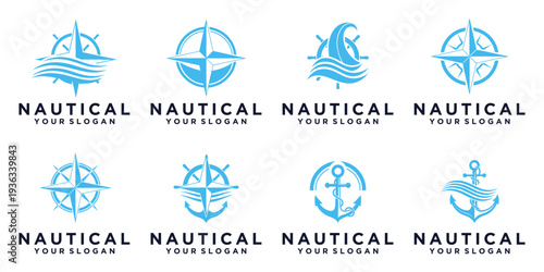 A modern nautical logo set featuring a compass, anchor, and ocean waves. A clean and professional design, perfect for maritime, shipping, and marine travel brands.
