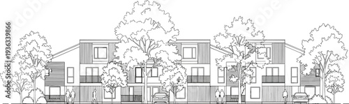 A black and white line of a multi-story residential building with balconies and trees in front line residential building