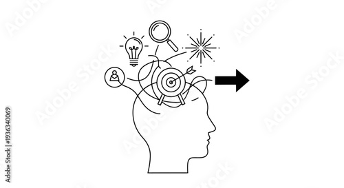 Silhouette of a human head shows internal processing involving a lightbulb idea, magnifying glass, target, and bright star leading to forward motion.