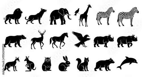 A black silhouette collection of wild farm animals and forest mammals features a set of horses alongside a vector illustration of a wolf, deer, and lion in nature