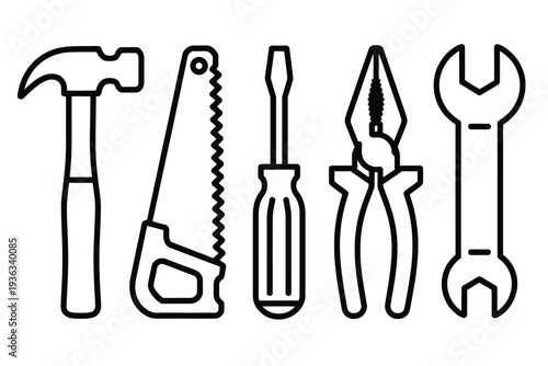 A variety of tools including hammers, saws, pliers, and wrenches isolated on white background, Vector, illustration