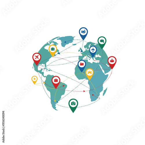 Global Travel Destinations Map with Pins and Routes, International Tourism Concept