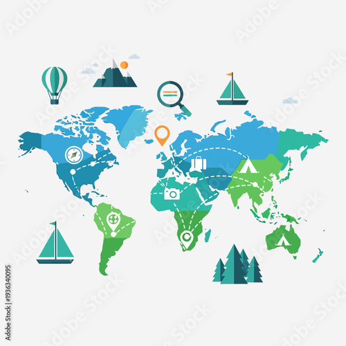 Global Travel Map with Icons: Adventure, Exploration, and Tourism