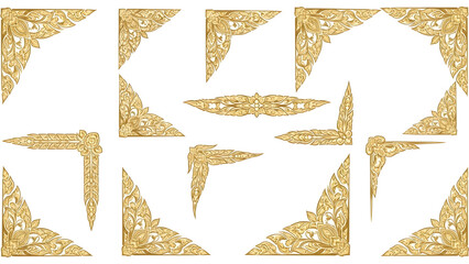 Set of thai traditional golden corner ornaments and divider elements isolated on white for design work