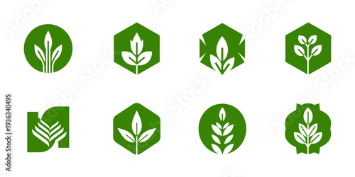 Modern green plant logo set with circular composition. Minimal eco vector symbols for packaging, print, and digital design