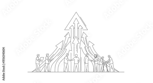 Several small business people collaborate effectively to push many upward arrows forming a large success symbol above their heads.
