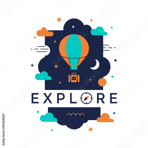 Hot Air Balloon Adventure, Explore Travel, Night Sky, Clouds, Stars, Moon, Suitcase