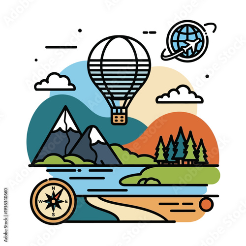 Hot Air Balloon Adventure Over Mountains, River, and Forest with Compass and Globe
