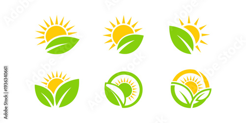Sun and green leaf logo collection in flat vector style. Eco energy symbols for organic brands, agriculture, sustainability, and natural business identity.