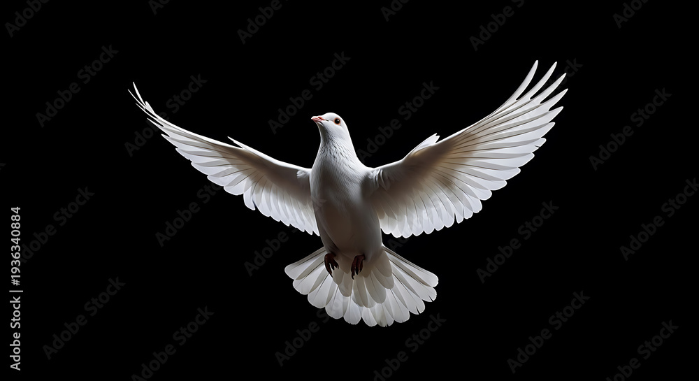 Fototapeta premium Elegant white dove soaring with spread feathers on black