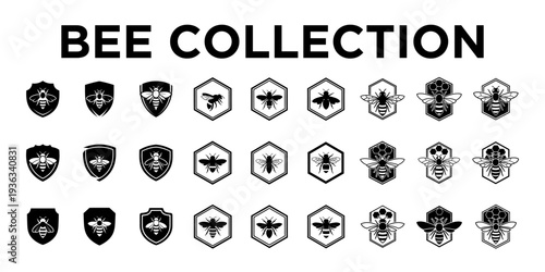 Black honeybee vector set with detailed wing patterns. Clean silhouette design for branding, labels, t-shirts, and decorative graphics.