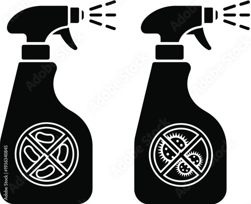Two spray bottles with biohazard and radiation hazard symbols on them isolated on white background, Vector, illustration