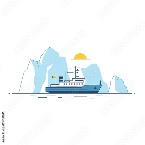 Icebreaker ship navigating through icy waters with icebergs and sun