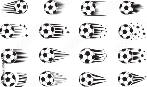 Set of black flying soccer balls with speed trails and star effect on transparent background