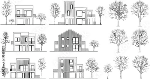 Six different modern house with trees in a minimalist black and white architecture