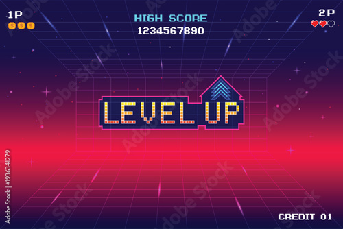 LEVEL UP. pixel art. 8 bit game. retro game. Retro Futurism Sci-Fi Background. glowing neon grid and stars from vintage arcade computer games