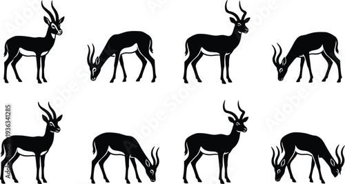 Black Antelope Silhouette Vector Set Featuring African Gazelles and Impalas in Standing and Grazing Poses for Safari Wildlife Nature Conservation and Savanna Graphic Design