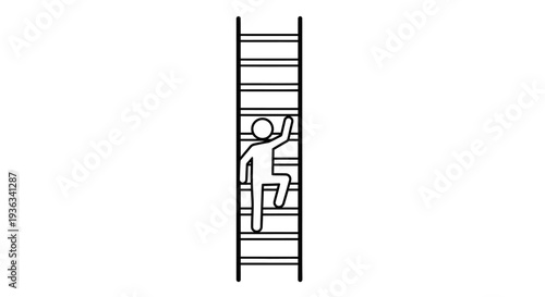 Stick figure person actively climbs a tall vertical ladder toward success or achievement, demonstrating career progression and upward mobility in a simple graphic.