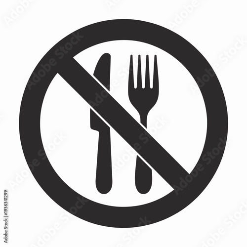 A black and white sign indicating that eating is not allowed in a specific area. isolated on white background, Vector, illustration