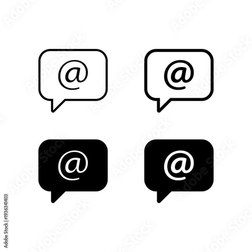 Mention chat icon set. Speech bubble with arroba symbol. Social media tag sign