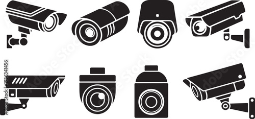 Security camera surveillance system icon set for private property protection and safety monitoring art