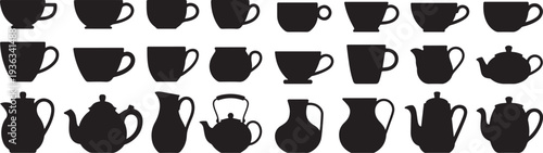 Set of black silhouettes of teapots and cups, kitchen utensils on a transparent background