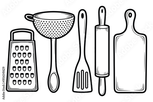 Kitchen Utensils Black and White Vector Illustration